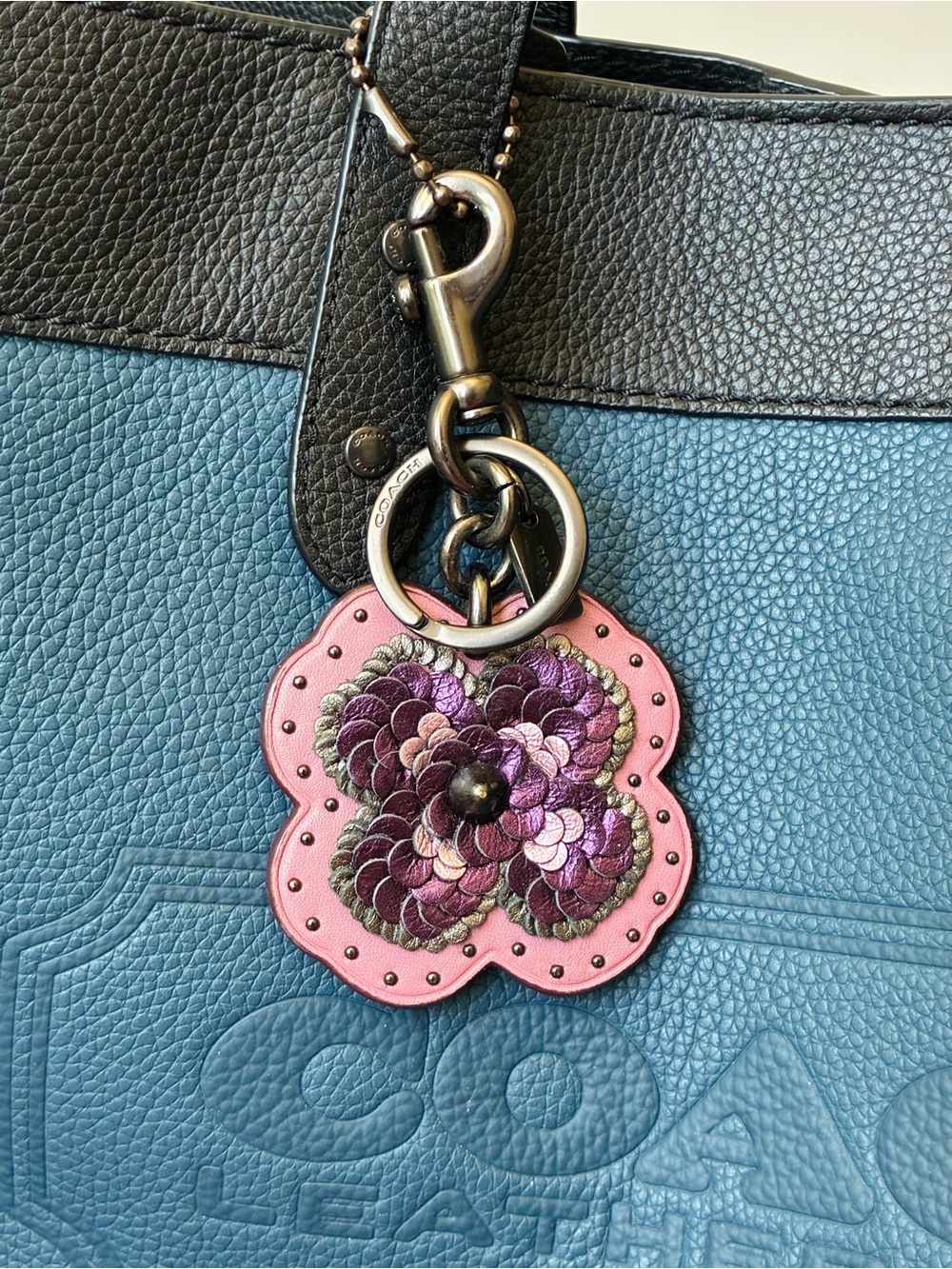 Coach Leather Sequin Applique Tea Rose Key Ring Bag Charm, Pink / Purple, 32677